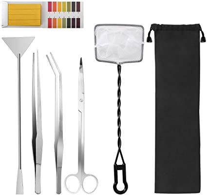 Liveek 6 in 1 Aquatic Plant Aquascaping Tool Stainless Steel Silver Tweezers Scissors Spatula for Fish Tank Clean Aquascape Tools Sets with Fishing net, 80p PH Paper(silver)