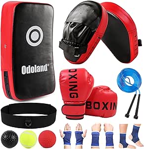 Odoland Boxing Gloves and Punching Mitts Set for Kids, Boxing Mitts Focus Pads, Kids Boxing Gloves and Protect Sleeves, Reflex Balls Kit and Jumping Rope for Boxing, Kickboxing, Karate