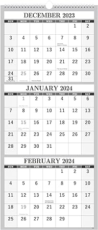 2024 Wall Calendar – 3 Month Calendar Vertical Display, 3-Month Wall Calendar 2024, Dec. 2023 - Jan. 2025, 11" x 26", Large Monthly Calendar, Lay- Flat, Holidays, Blocks, Perfect for Planning