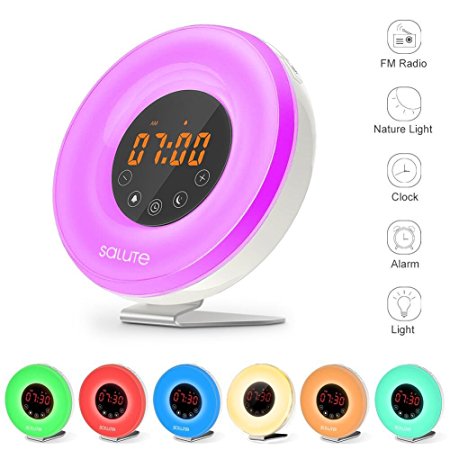 Wake Up Light Salute Sunrise Simulator Alarm Clock 6 Nature Sounds FM Radio Touch Control 7 Color Night Light 11 Mode Brightness Smart Snooze Function With USB Charger for Heavy Sleepers