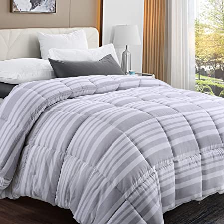 Fraylon All Season Queen Comforter, Soft Quilted Down Alternative Comforter Hotel Luxury Collection Reversible Duvet Insert with Corner Tabs, Fluffy & Lightweight,88x88 Inches,Grey/White