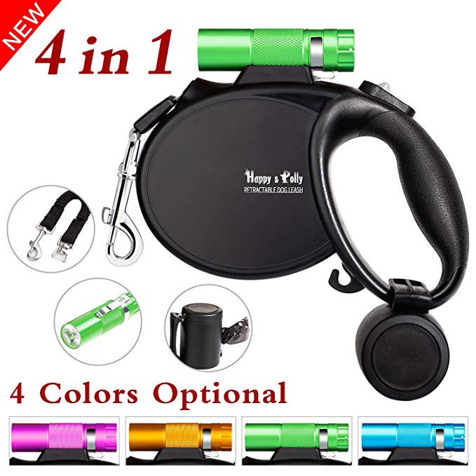 Happy & Polly 4 in 1 Dog Leash Retractable Dog Leash 16.4 ft Dog Walking Leash with Flashlight Detachable/Protective Bungee Leash/Magic Box Dispenser Poop Bags for Small Medium Dogs