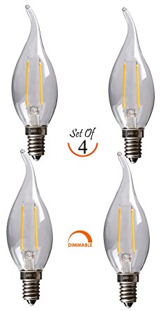 SleekLighting 2 Watt E12 LED Filament Candelabra Dimmable Light Bulb, Warm White 2700K Chandelier Decorative Flame Tip, Clear Glass Cover (25W Incandescent Replacement) 4pack