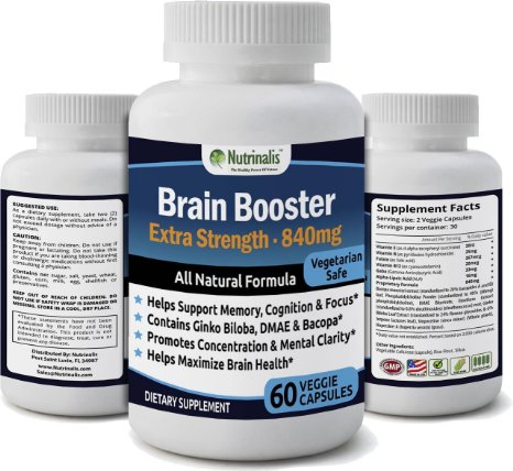 Brain Booster ★ Helps Promote Sharper Memory ★ Extra Strength Formula With Ginko Biloba, Bacopa, Vinpocetine, DMAE & More ★ 30 DAY SUPPLY ★ 60 Vegetarian Capsules