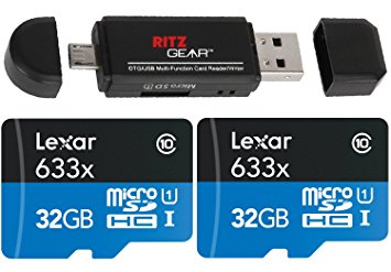 Lexar High-Performance microSDHC 633x 32GB UHS-I/U1 Bulk Packaging 2 Pack   Ritz GearTM OTG USB / Micro USB Multi-Function SD / MICRO SD Card Reader / Writer For PC, Tablet and Smartphones