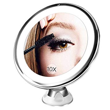 BESTOPE Upgraded 10X Magnifying Makeup Mirror with 16 Natural Led Lights,Portable Lighted Bathroom Mirror,360°Rotation Locking Suction,Dimmable Light,Battery Operated