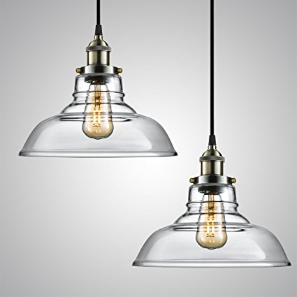2-PACK Arvidsson Industrial Hanging Lamp, Vintage Glass Pendant Light, Clean Clear Glass Shade, 100% Brass Brushed Antique Socket, Cool Fabric Cord, Simple Dining Room Lamp, UL Standard, ETL Certified