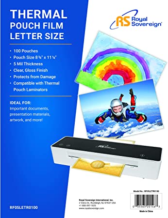 Royal Sovereign Thermal Laminating Pouches, 5 Mil, Letter Size 11.25" x 8.75" Inches, Clear Gloss, 100 Pouches (RF05LETR0100)