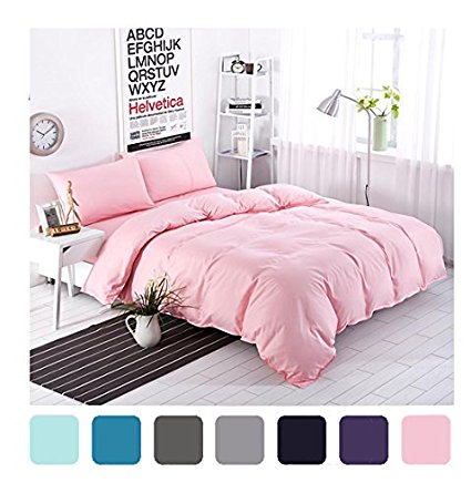 Moreover 4-Pieces Pink Bedding, Lightweight Microfiber Solid Color Duvet Cover Set, Pink Bedding For Girls, One Flat Sheet One Duvet Cover Two Pillowcases (Queen,Pink)