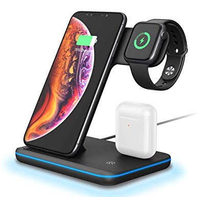 Wireless Charging Station, 3 in 1 Qi Fast Charger for Phone Watch Earpods, 15W/10W Fast Charger Stand, Compatible with Airpods iWatch Series 1 2 3 4 iPhone Xs Max Xr X 8 Plus Samsung S10 S9 S8