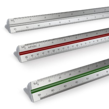 12" Triangular Engineer's Scale, Professional-Grade-Ruler, Aluminum, Color-Coded Grooves