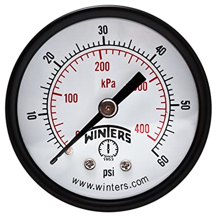 Winters PEM Series Steel Dual Scale Economy Pressure Gauge, 0-60 psi/kpa, 2" Dial Display, +/-3-2-3% Accuracy, 1/4" NPT Center Back Mount