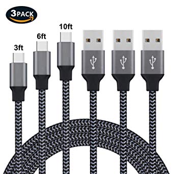 Vman TYPE-3-G Type C Cable, Nylon Braided Fast Charger Cord for Samsung Galaxy S9 Note 8 S8 Plus, LG, Google Pixel, Facebook and More, 3Ft 6Ft 10Ft, Gray, 6 Feet, 3 Pack