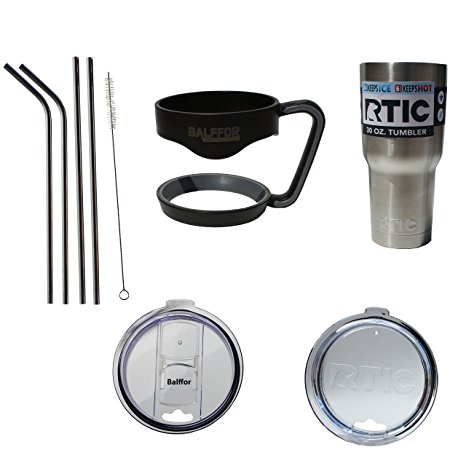 RTIC Vacuum Insulated Stainless Steel 30 Ounce Tumbler Bundle 9 Items: 1 30oz Tumbler, 4 Extra Long Stainless Steel Straws, 1 Cleaner, 1 Regular Lid, 1 Spill & Splash Resistant lid, 1 Handle