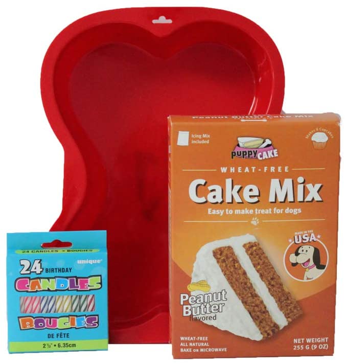 Puppy Cake Mix Dog Birthday Cake Kit in 5 Flavors, with Bone Silicone Pan and Candles