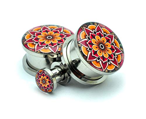 Screw on Flower Mandala Style 2 Picture Plugs - Sold As a Pair
