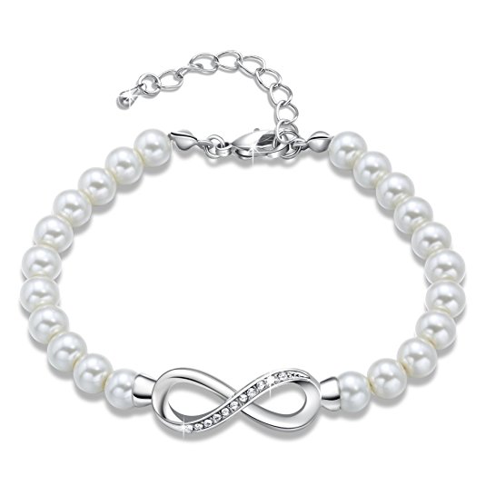 "Forever Elegance"Adjustable Infinity White Pearl Bracelet for Mom Wife Grandma Wedding Anniversary Crystals Jewelry Bridesmaids Bridal Collection with Luxury Gift Box