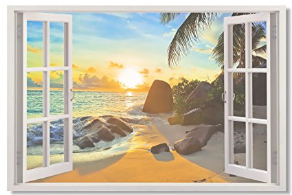 47x31.5" Window View Office Room Wall Decoration Outdoor Sky Lake Sandy Beach Sea Coconut Tree Modern Art(120x80cm) (12)