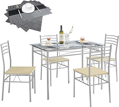 VECELO 5 Piece Dining Table Set for 4 with Chairs, Glass Top, Small Space, Silvery