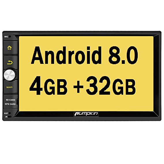 PUMPKIN Android 8.0 Double Din Car Stereo Radio 4GB RAM with Sat Nav Bluetooth Support GPS DAB  WIFI Android Auto AUX 128GB USB SD Fastboot 7” Touch Screen