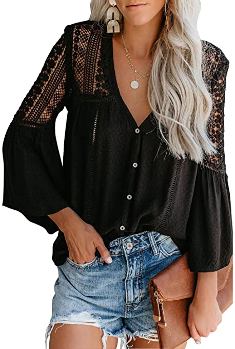 FARYSAYS Women's Lace Crochet V Neck Bell Sleeve Button Down Shirts Casual Loose Blouses Tops