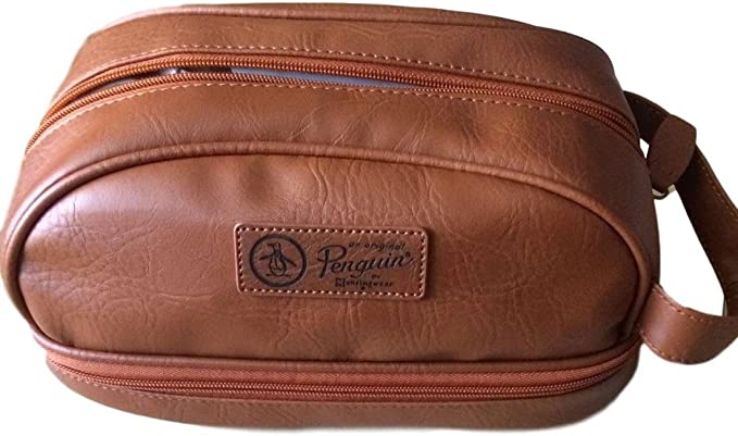 PENGUIN Mens Light Brown Faux Leather Toiletry Travel Kit Case Bag