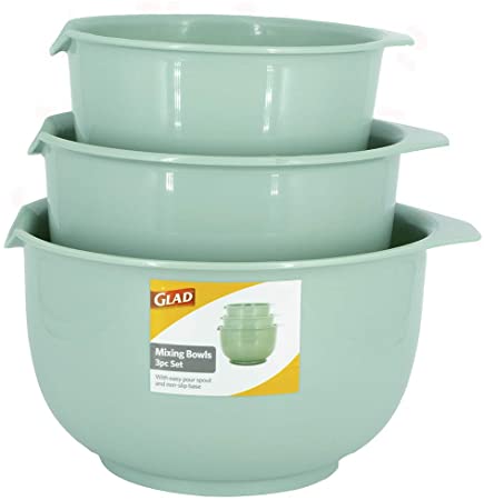 Glad Mixing Bowls with Pour Spout, Set of 3 | Nesting Design Saves Space | Non-Slip, BPA Free, Dishwasher Safe | Kitchen Cooking and Baking Supplies, Sage Green
