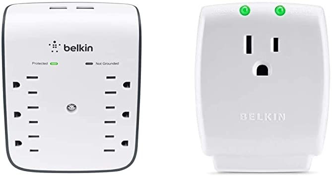 Belkin 6-Outlet USB Surge Protector, Wall Mount - Ideal for Mobile Devices, Personal Electronics, Small Appliances and More (900 Joules) & Single Outlet SurgeCube Surge Protector, 1080 Joules