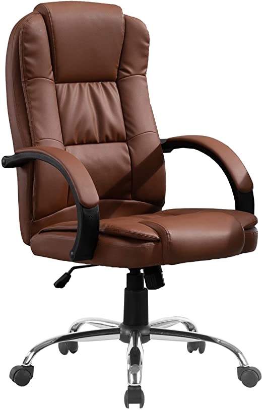 Halter Executive High Back Reclining PU Leather Office Chair; Integrated Headrest Thick Padded Seat Cushion Nylon Padded Armrest; Smooth-Glide Caster Wheels Durable Chrome Base; Brown