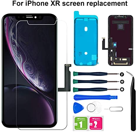 for iPhone XR Screen Replacement, LCD Display Touch Screen Digitizer Assembly with Tempered Glass Screen Protector Waterproof Frame Adhesive Sticker and Full Repair Tools for iPhone XR 6.1 inch
