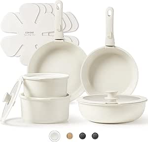 CAROTE Pots and Pans Set Non Stick, Cookware Sets Nonstick, 15pcs Kitchen Set, Oven Safe, Induction Ready, Stackable Non-stick Set with Removable Handle, RV Set with Detachable Handle, Cream White