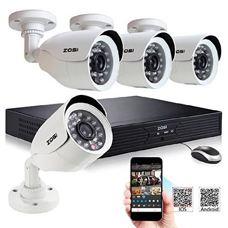 ZOSI 4CH Full D1 960H HD DVR 4PCS 800TVL HD 24IR Outdoor Day&Night Color Cameras 65ft Night Vision Smart Phone Remote Viewing Security camera Kit NO Hard Drive included