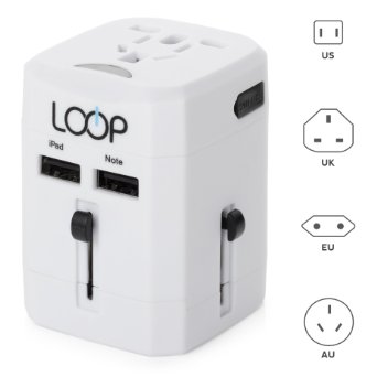 LOOP BEST World Travel Adapter with Dual USB Charger 25A International US UK EU AU All-In-One Universal AC Fused Wall Plug White