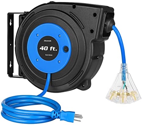 DEWENWILS Heavy Duty Cord Reel, 40FT Retractable Extension Power Cord, 12AWG/3C SJTOW, 3-Lighted Triple Outlets, 15A Circuit Breaker, Wall/Ceiling Mounted, Adjustable StopperUL Listed, Blue