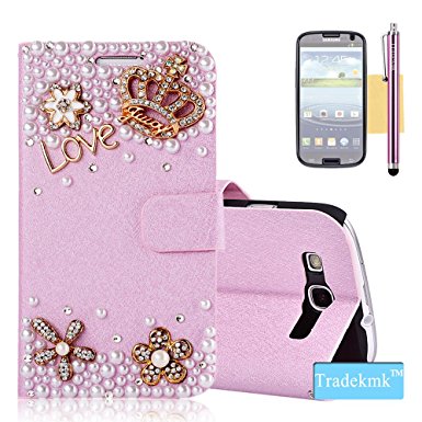Galaxy S3 Case, Tradekmk(TM) Latest Fashion Luxury PU Leather Folio Magnet Wallet Stand Case Cover [Bling Crystal Crown Love Pearl Design] Compatible with Samsung Galaxy S3 i9300-[ Stylus Screen Protector Cleaning Cloth]-(Pink)