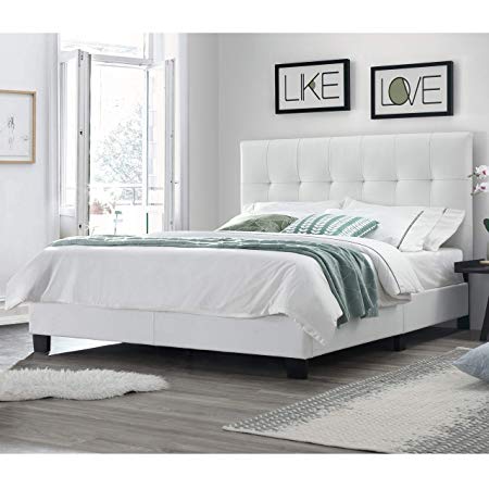 DG Casa Bianca Tufted Upholstered Platform Bed Frame, Queen Size in White Faux Leather