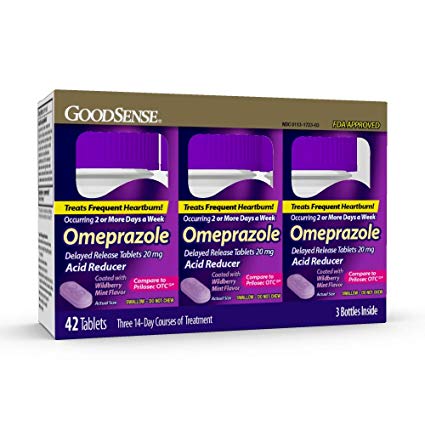 Good Sense Omeprazole Delayed Release Tablets 20 Mg, Coated with Wildberry Mint Flavor, Acid Reducer, Treats Heartburn, 42Count