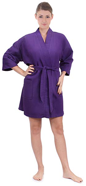 Women's Knee Length Waffle Weave Kimono Bathrobe, Short Spa Robes