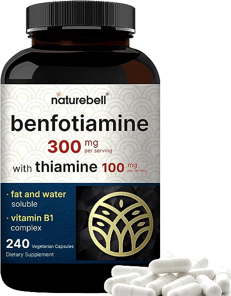 Benfotiamine 300mg with Thiamine 100mg Per Serving | 240 Veggie Capsules, Essential Vitamin B1 Benfotiamine Supplement, Bioavailable Fat & Water Soluble Forms – Energy & Nerve Support – Non-GMO