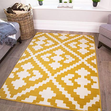 Modern Mustard Geometric Trellis Moroccan Rug Yellow Ochre Large Living Room Lounge Kitchen Bedroom