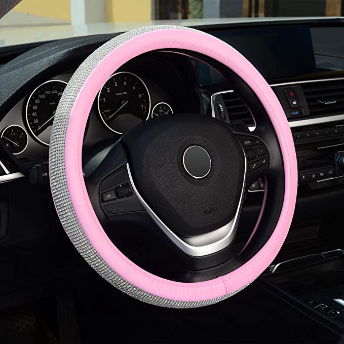 KAFEEK for Women Girls Diamond Leather Steering Wheel Cover with Bling Bling Crystal Rhinestones, Universal 15 inch Anti-Slip, Pink Microfiber Leather White Diamond