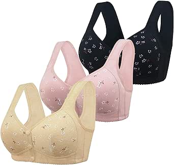 3 Pack Daisy Bras for Older Women,2024 Front Close Button Cotton Bras Comfortable Full Support Wide Back No Underwire Bras