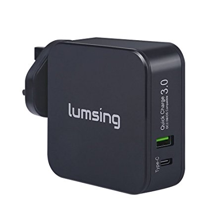 Lumsing Wall Charger Quick Charge 3.0 and USB-C Charger Adapter 48W Dual Port USB Plug with QC3.0 and USB Type-C Port for Apple Macbook, Google Nexus 6P, HTC 10, Galaxy S7, LG G5 (Black)