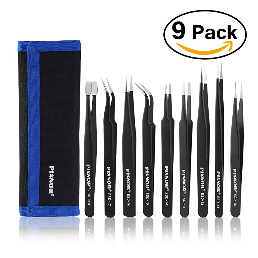 PIXNOR 9pcs Tweezers Precision ESD Anti-Static Stainless Steel Tweezers Kit with Bag for Electronics, Jewelry-Making, Laboratory Work