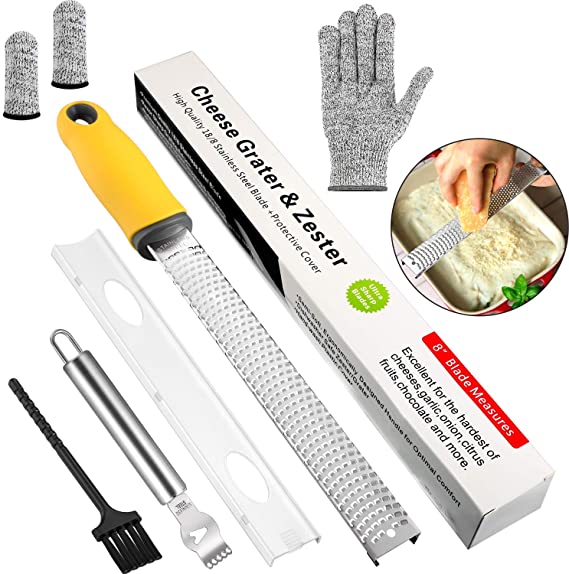 Cheese Grater Stainless Steel Lemon Zester Grater Cut-Resistant Gloves Finger Sleeve with Ergonomic Handle Protective Cover and Cleaning Brush for Ginger, Garlic, Chocolate, Vegetables, Fruits