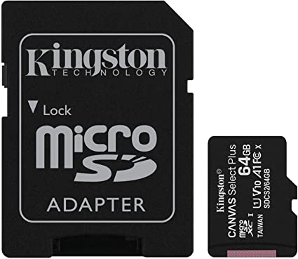 Kingston 64GB microSDHC Canvas Select Plus 100MB/s Read A1 Class 10 UHS-I Frustration Free Packaging Memory Card   Adapter (SDCS2/64GBET)