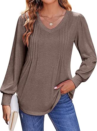 Zeagoo Women'S Puff Long Sleeve Shirts Pleated V Neck Fall Tunic Tops Blouse Dressy Causal Loose Summer T-Shirts