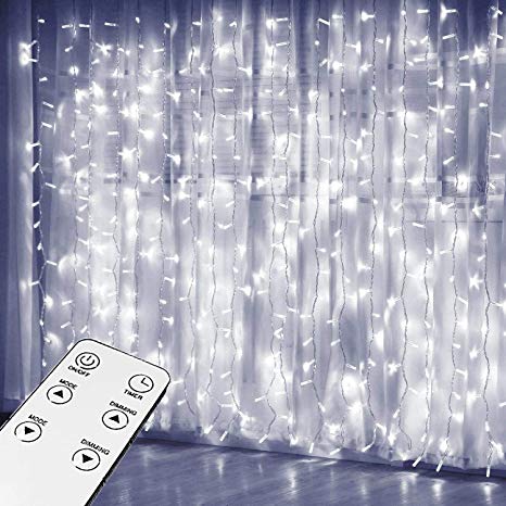 JIAMAOWW Curtain Lights, Upgrade Window Fairy Lights 300 LED 9.8ft×9.8ft Remote Control Timer 8 Lighting Modes, Window Icicle Christmas Lights for Decoration Party Wedding Bedroom (Cool White)