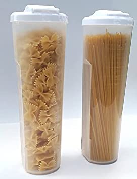 2 Pack of Tall Clear Spaghetti Pasta Storage Container with Lids that Measure. Multiple Uses for Dry Goods, Art Supplies, Toys. 11.6in Tall x 3.8in Diameter. Dishwasher Safe.