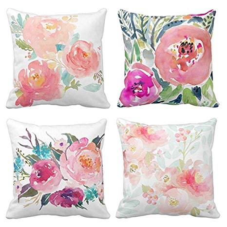 Emvency Set of 4 Throw Pillow Covers Peonies Summer Watercolor Floral Pink Flower Girly Pastel Mint Colorful Decorative Pillow Cases Home Decor Square 18x18 Inches Pillowcases